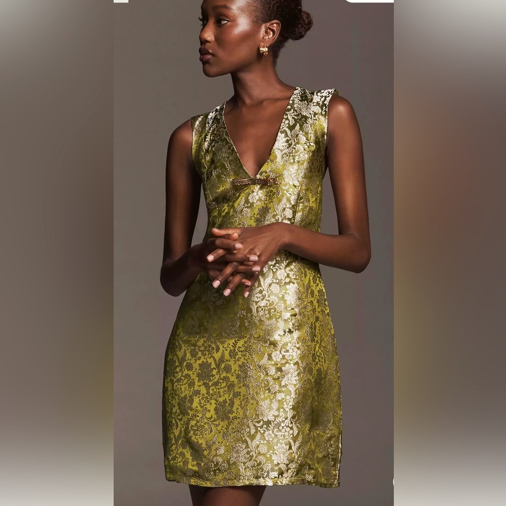 Anthropologie Olive Green Brocade V-Neck Sheath Dress